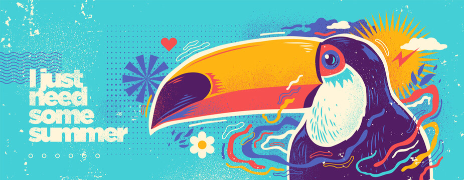 Abstract summer illustration with toucan and colorful splashing shapes. Vector illustration.