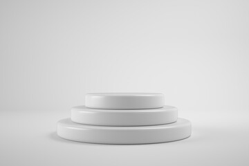 Modern Platform stand podium display on white room background. 
for empty product shelf or exhibition stage backdrop. 3D rendering.