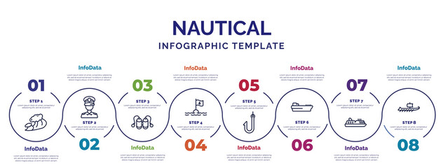 infographic template with icons and 8 options or steps. infographic for nautical concept. included ocean waves, aqualung, sea flag, fishing hook, tanker ship, cruise ship, trireme icons.