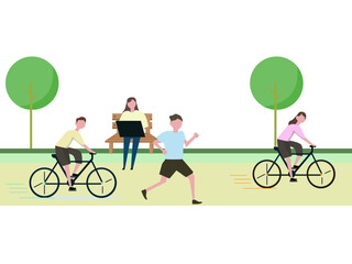 People enjoying in the park. Running, cycling, chilling and sitting on the bench. A day off, vacation. Sports activities and exercise. Man and woman. Vector illustration 
