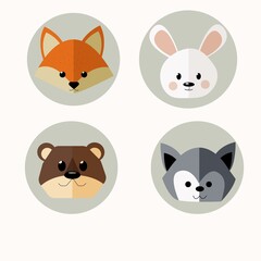 Obraz na płótnie Canvas animal icons, vector animals, animal flat image, avatar, icon, cute faces, set, fox, hare, bear, wolf