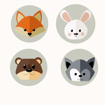 animal icons, vector animals, animal flat image, avatar, icon, cute faces, set, fox, hare, bear, wolf