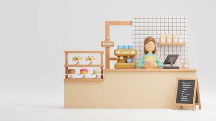 Successful owner small business cakes and coffee shop cafe young woman happy smiling wearing apron standing in bar counter open sign board. 3d rendering.