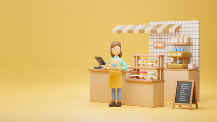 Successful owner small business cakes and coffee shop cafe young woman happy smiling wearing apron standing in bar counter open sign board. 3d rendering.