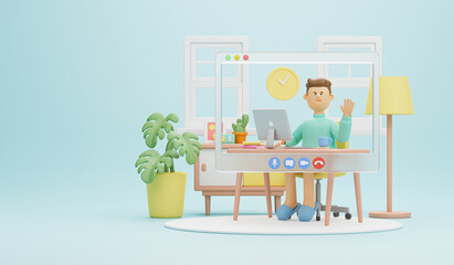 Work from home office quarantine. Freelancer character working business from home using remotely laptop computer video call online webcam conference meeting creative group. 3d rendering.