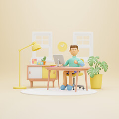 Work from home office quarantine. Freelancer character working business from home using remotely laptop computer video call online webcam conference meeting creative group. 3d rendering.