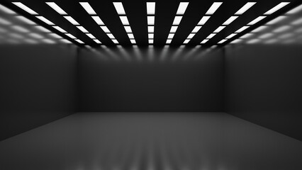 Dark black empty architecture interior space room studio background backdrop wall display products minimalistic. 3d rendering. - obrazy, fototapety, plakaty