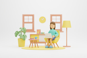 Fototapeta premium Work from home office quarantine. Freelancer character working business from home using remotely laptop computer video call online webcam conference meeting creative group. 3d rendering.