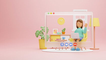 Work from home office quarantine. Freelancer character working business from home using remotely laptop computer video call online webcam conference meeting creative group. 3d rendering.