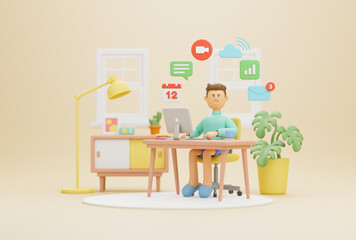 Work from home office quarantine. Freelancer character working business from home using remotely laptop computer video call online webcam conference meeting creative group. 3d rendering.