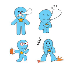 The blue cartoon figure is doing various poses. used in daily life