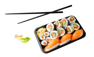  Assorted sushi set in box tray with black bamboo chopsticks isolated on white background.