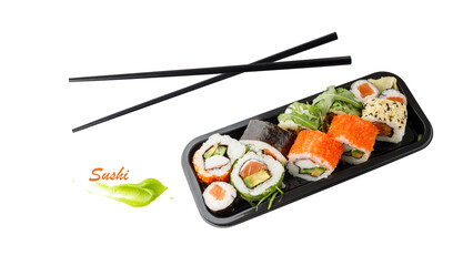  Assorted sushi set in box tray with black bamboo chopsticks isolated on white
