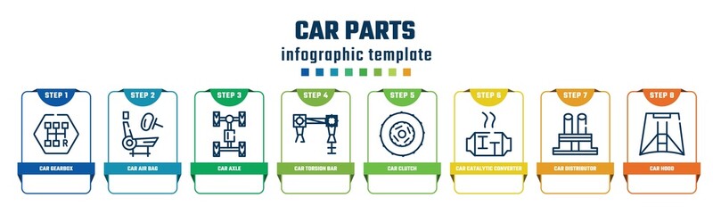 car parts concept infographic design template. included car gearbox, car air bag, axle, torsion bar, clutch, catalytic converter, distributor cap, hood icons and 8 options or steps.