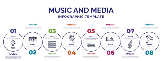 infographic template with icons and 8 options or steps. infographic for music and media concept. included webcam video call, dotted barline, cabasa, melodica, whole, treble clef, clef icons.