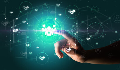 Businessman hand pressing stock graphic information on multitouch screen