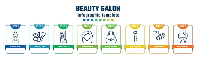 beauty salon concept infographic design template. included shampoo bottle, cosmetic tools, liquid lipstick, women makeup, women handbag, two hairpins, shower head, makeup mirror icons and 8 options