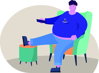 Fat boy sitting on sofa and watching TV
