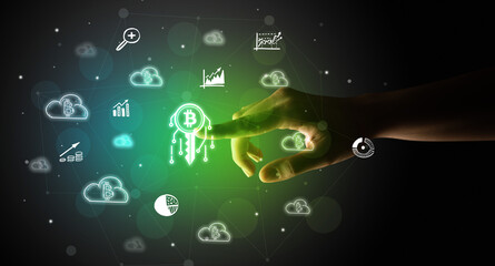 Businessman finger touching on screen multimedia interface with hand drawn currency icons