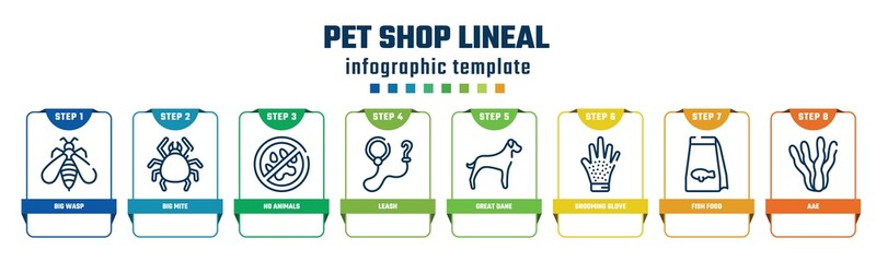 pet shop lineal concept infographic design template. included big wasp, big mite, no animals, leash, great dane, grooming glove, fish food, aae icons and 8 options or steps.
