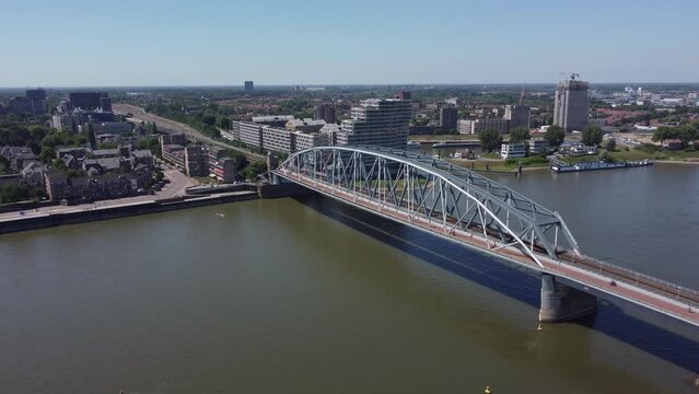 Railroad Bridge over river Waal in Nijmegen, The Netherlands, Aerial