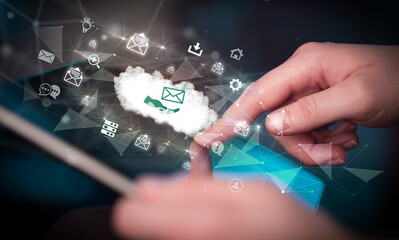 Close-up of a touchscreen with technology icons