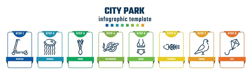 city park concept infographic design template. included scooter, medusa, onion, no smoking, bikini, fishbone, pigeon, kite icons and 8 options or steps.