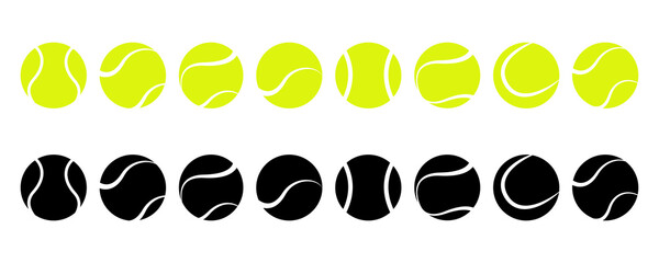 Set with tennis balls vector icons. Tennis balls black and yellow collection. Sport game. 