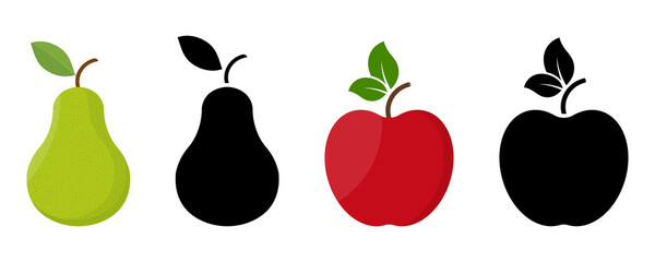 Green pear and red apple vector illustration. Black silhouette apple and pear. Ripe sweet fruit. Healthy food.