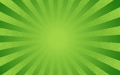 Sun rays Retro vintage style on green background, Comic pattern with starburst and halftone. Cartoon retro sunburst effect with dots. Rays. Banner vector illustration