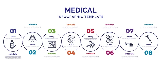 Foto op Plexiglas infographic template with icons and 8 options or steps. infographic for medical concept. included syrup medicine bottle, x ray of bones, bandage cross, medicine capsules, sticking plaster, heliport, © IconArt