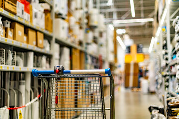 A shopping cart in a home improvement store