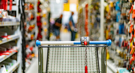 A shopping cart in a home improvement store