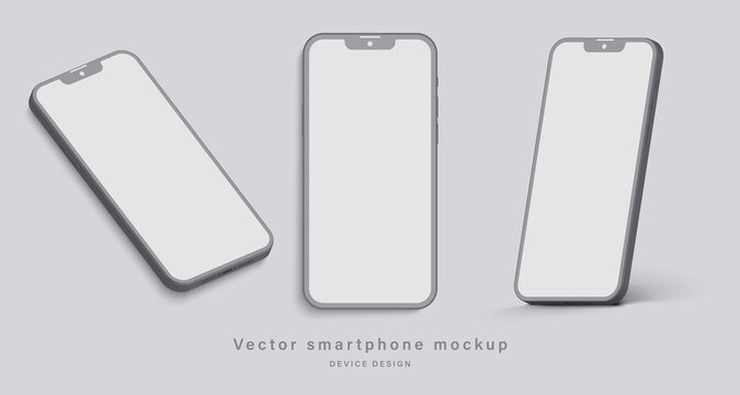 smartphone clay mockup with blank screen in different angles view isolated on grey background. minimalist mobile phone with shadow for application design presentation. vector 3d isometric illustration