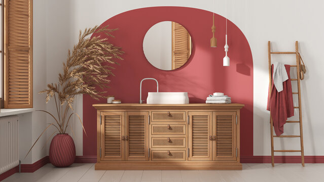 Vintage bathroom in white and red tones, rattan wooden washbasin, chest of drawers, mirror, towel rack and decor. Parquet and window. Modern interior design