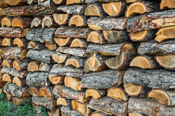 Woodpile. Textured firewood background. Pile of old dry chopped fire wood

