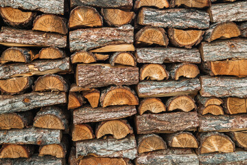 Woodpile. Textured firewood background. Pile of old dry chopped fire wood
