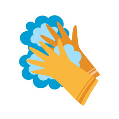 Hands in rubber gloves with lather. Yellow gloves for hand protection, house cleaning and disinfection, isolated on white, vector Icon. Flat cartoon illustration, clipart.