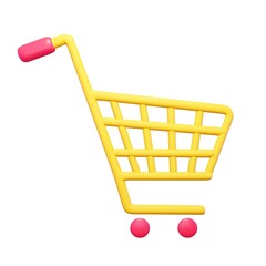 3d render shopping cart icon. Rendering illustration of pink consumer bag isolated on white background. E-commerce sign. Shopping online element. Cute cartoon product cart for marketplace design. 