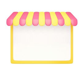 3d render marketplace clean front with canopy striped roof. Rendering illustration of empty storefront space with sunshade isolated on white background. Shopping online element. E-commerce object.