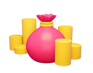 3d render financial wealth icon. Rendering illustration of pink money sack with coin piles isolated on white background. Cartoon cute design. Cash bag with coins sign. Earning profit. Banking element 
