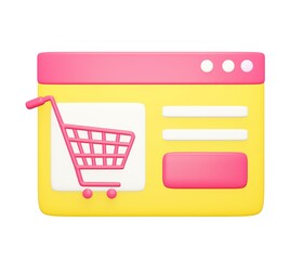 3d marketplace website icon. Rendering illustration of pink and yellow colors product customer cart on the web page application. Shopping online concept. E-commerce sign isolated on white background. 