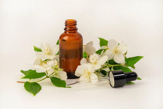 Jasmine Essential Oil In A Glass Dropper On A Background Of