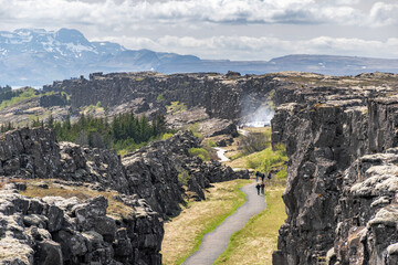 Panoramic view of the rift valley at the Thingvellir national park in Iceland