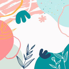 Minimalist abstract square background with outline leaves and Scandinavian color theme