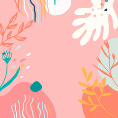 Minimalist abstract square background with outline leaves and Scandinavian color theme