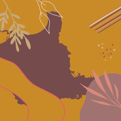 Square banner background of creative minimalist hand draw illustrations floral outline lily pastel beige Scandinavian simple abstract shape for wall decoration, postcard, brochure, and social media