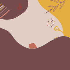 Square banner background of creative minimalist hand draw illustrations floral outline lily pastel beige Scandinavian simple abstract shape for wall decoration, postcard, brochure, and social media