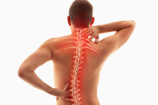 Back pain, male body torso back view, human spine illustration	
