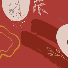 Square banner background of creative minimalist hand draw illustrations floral outline lily pastel beige Scandinavian simple abstract shape for wall decoration, postcard, brochure, and social media